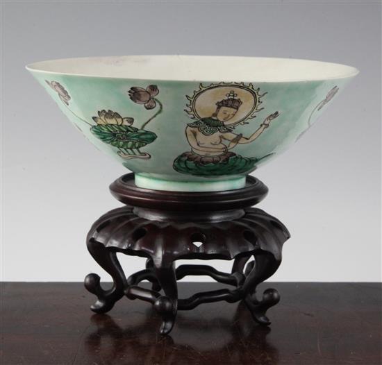 A Chinese famille verte conical bowl, late 19th/early 20th century, diameter 18cm, wood stand